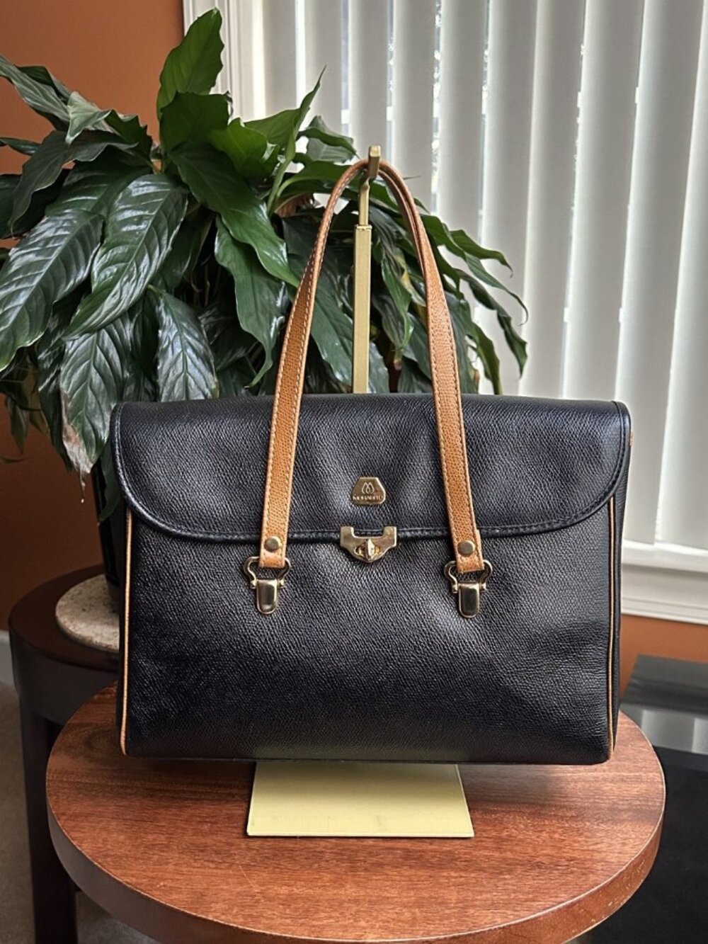 MORABITO Leather Flap Satchel Bag, Black and Camel Tan
